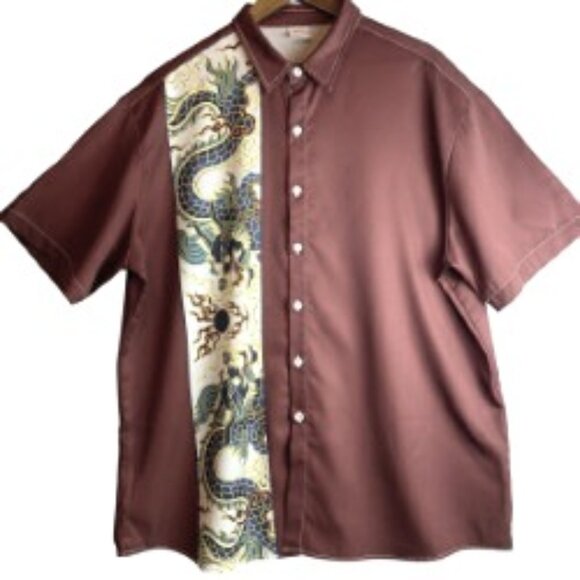 HOO BRAND MENS SHORT SLEEVE PLUM BROWN SHIRT WITH DRAGON DESIGN SIZE 2XL - Picture 1 of 6